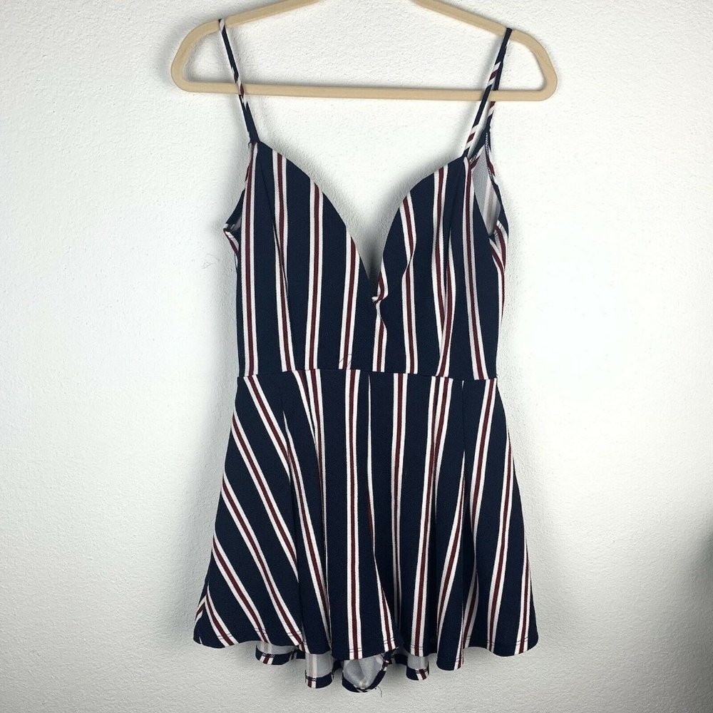 Windsor Women's L Striped Red White And Blue Striped V Neck Romper